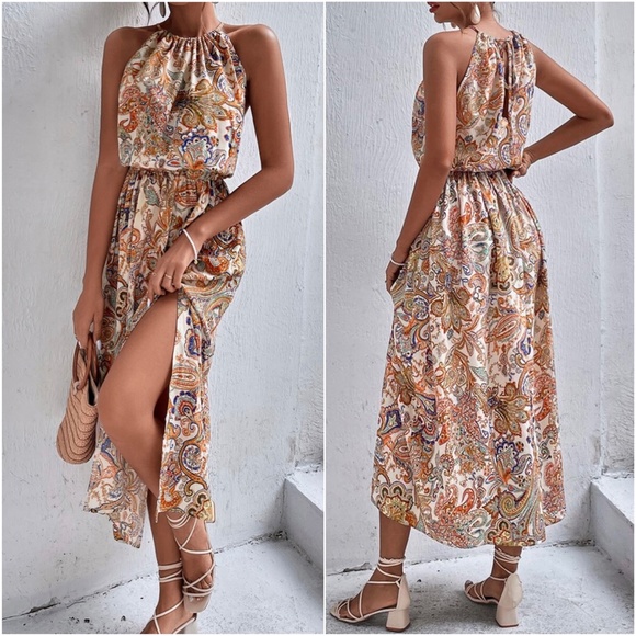 Boho Paisley Floral Print Halter Maxi Dress - Picture 3 of 3